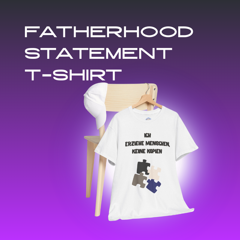 Fatherhood Statement T-Shirt mit dem Spruch 'Ich erziehe Menschen, keine Kopien' auf einem Stuhl.