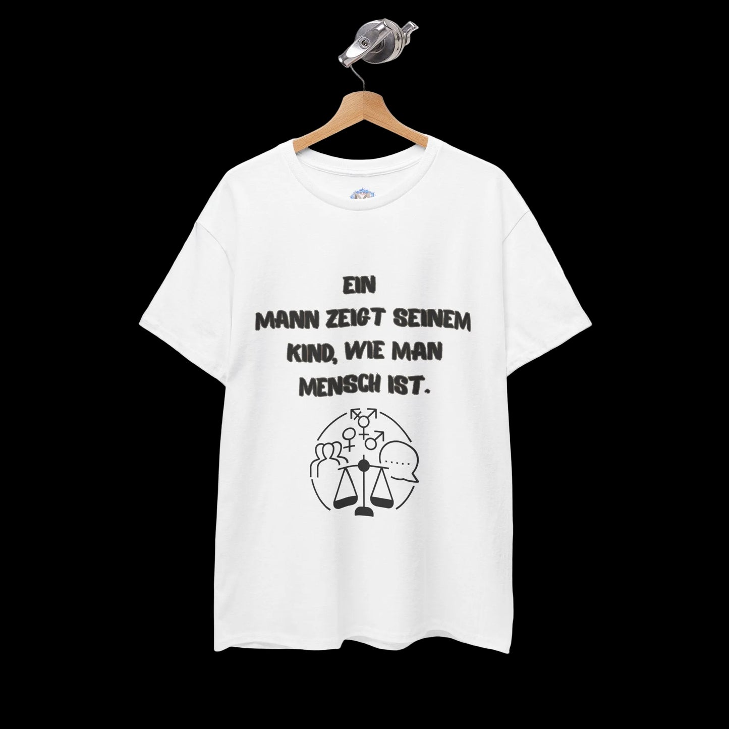 Herren T-Shirt mit lustigem Vater-Spruch "Ein Mann zeigt seinem Kind, wie man Mensch ist" - Premium Baumwolle