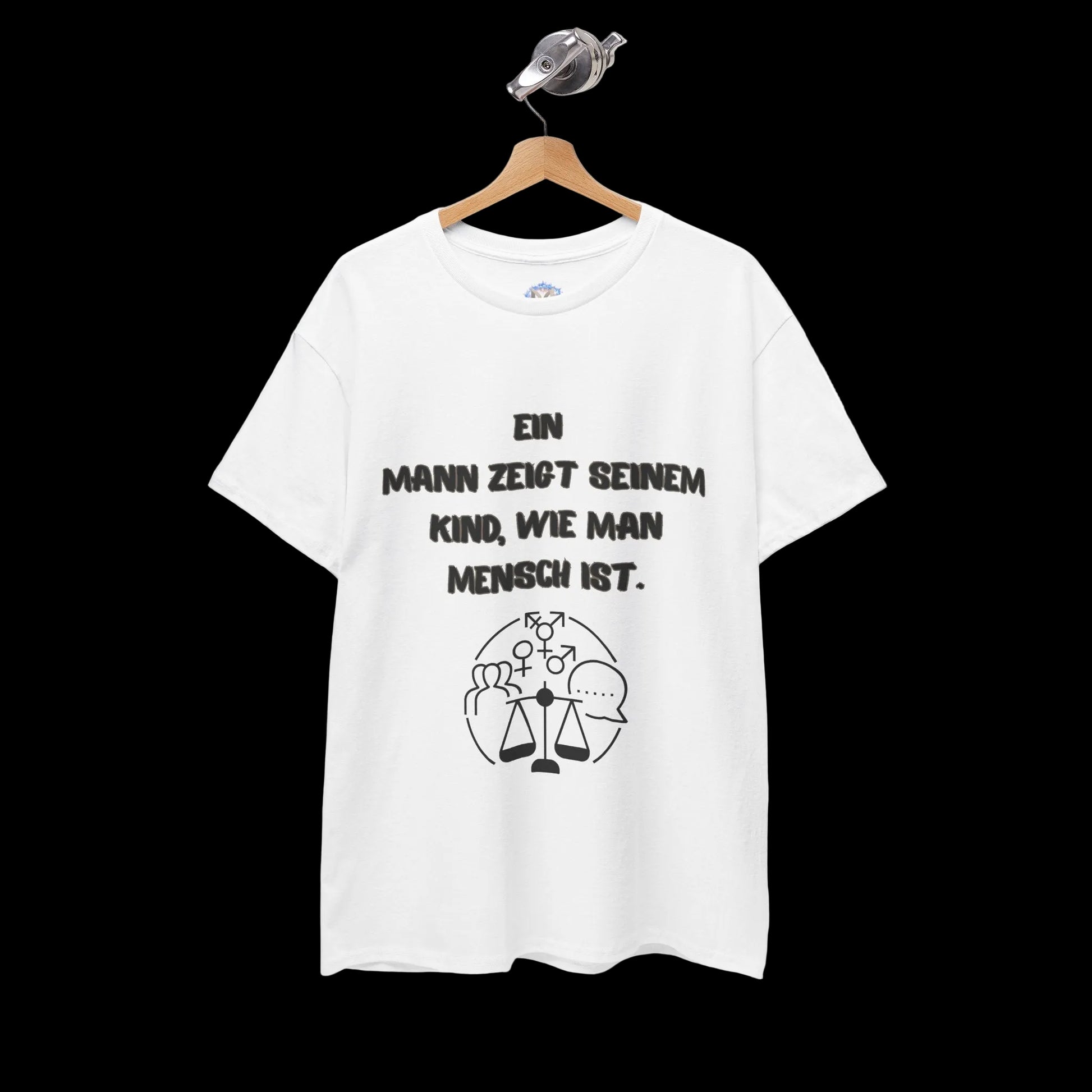 Herren T-Shirt mit lustigem Vater-Spruch "Ein Mann zeigt seinem Kind, wie man Mensch ist" - Premium Baumwolle