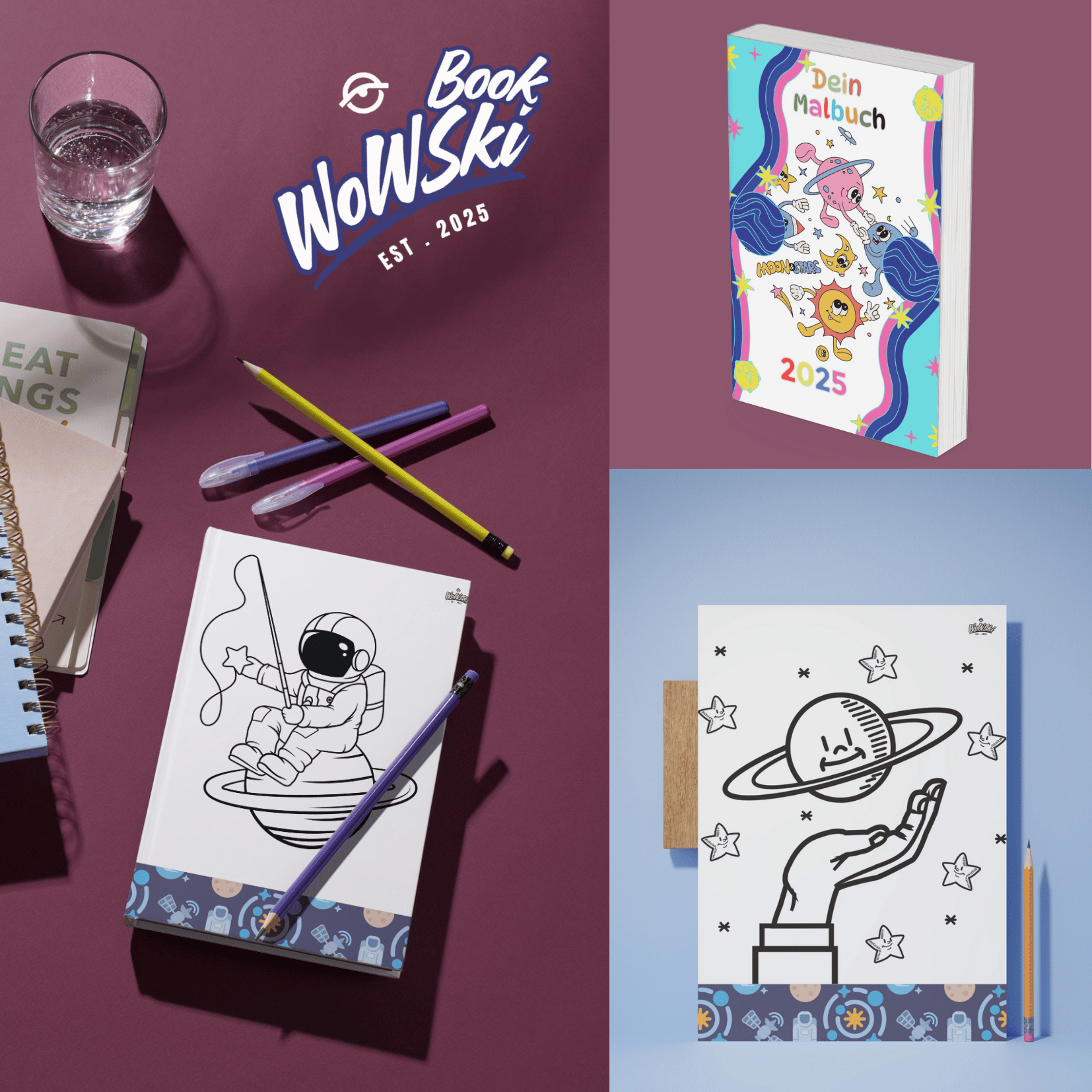 "Cover 'Dein Malbuch Weltall 2025' mit Titel, 'Weltall', 2 Sternen (★) und Weltall-Hintergrund. Unten steht '2025'."