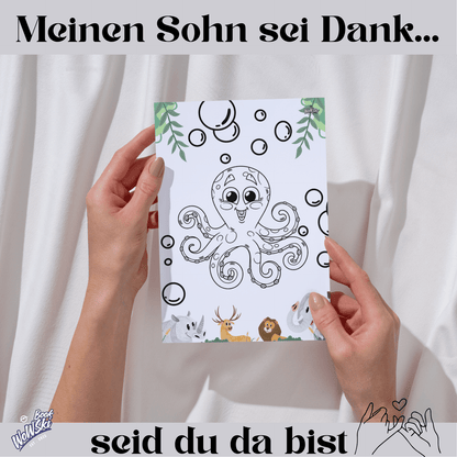 Text: Mein Sohn sei dank, seid du da bist. MockUp: Hände mit Malvorlage: Octopus Baby und Luftbalsen. links unten Logo:"wowski-book"